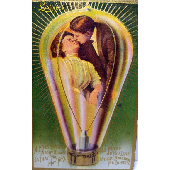 Victorian Couple Inside Light Bulb Fantasy Postcard Kissing Lovelights 1912 - Picture 1 of 3